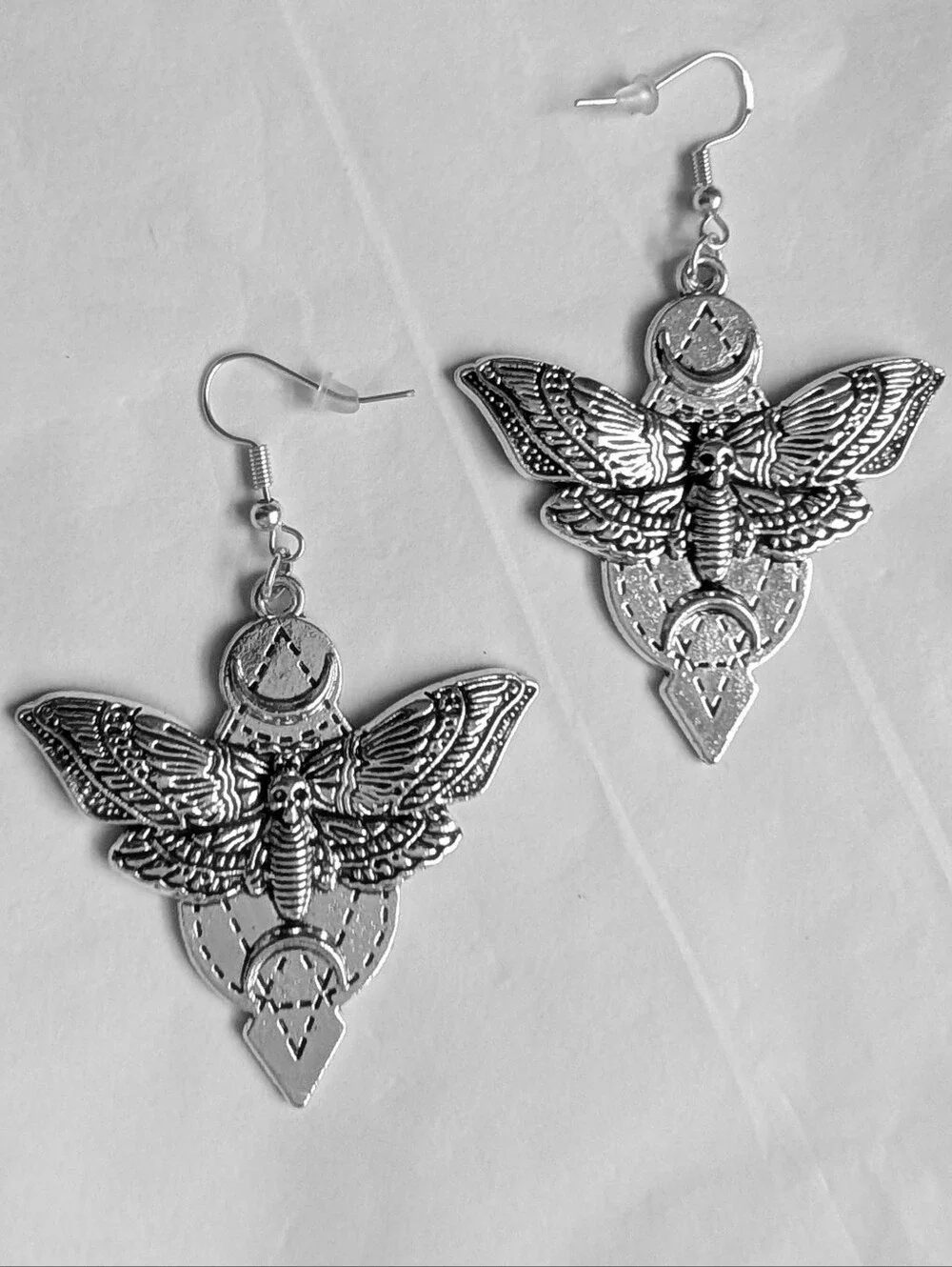 NWT Large Handmade Silver Lunar Death Moth Earrings